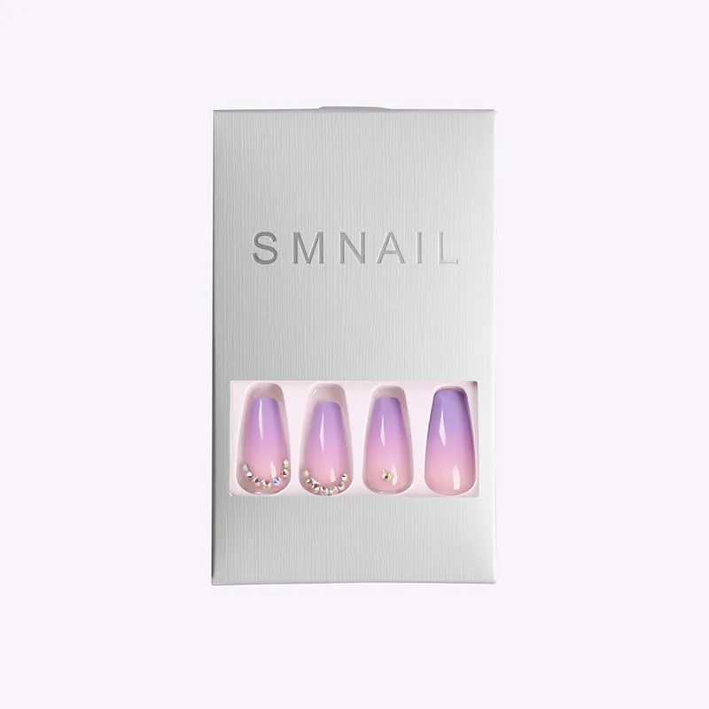 French Rhinestone Purple Ombre Fake Nails Ballerina Long Glossy Coffin Press on Nail False Tips Artificial Finger Manicure 