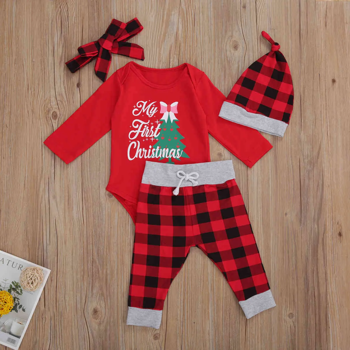 3-24m Minha 1 St Christmas Roupas Conjunto Nascido Bebé Bebé Menina Red Romper Pants Calças Chapéu Headbit Roupa Xmas Party 210515