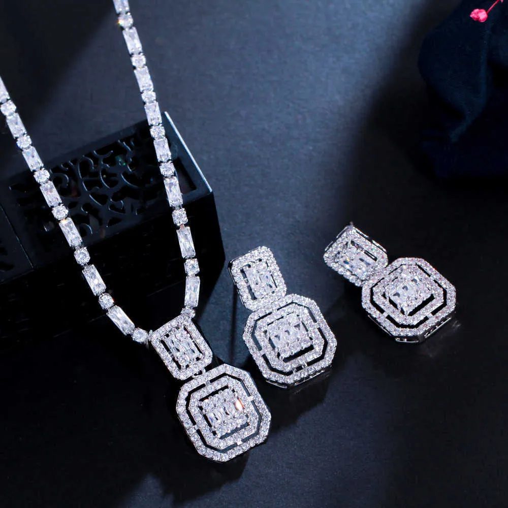 Cwwzircons glänsande baguett kubik zirkoniumbröllop brudparty halsband örhängen mode guldfärg smyckesuppsättningar tillbehör T583 H8980640