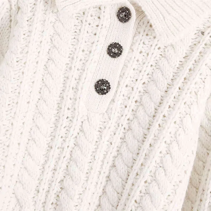 Casual Woman White Turndown Collar Woolen Sweater Fashion Ladies Höst Varm Tweed Knitwear Kvinna Vintage Button Toppar 210515