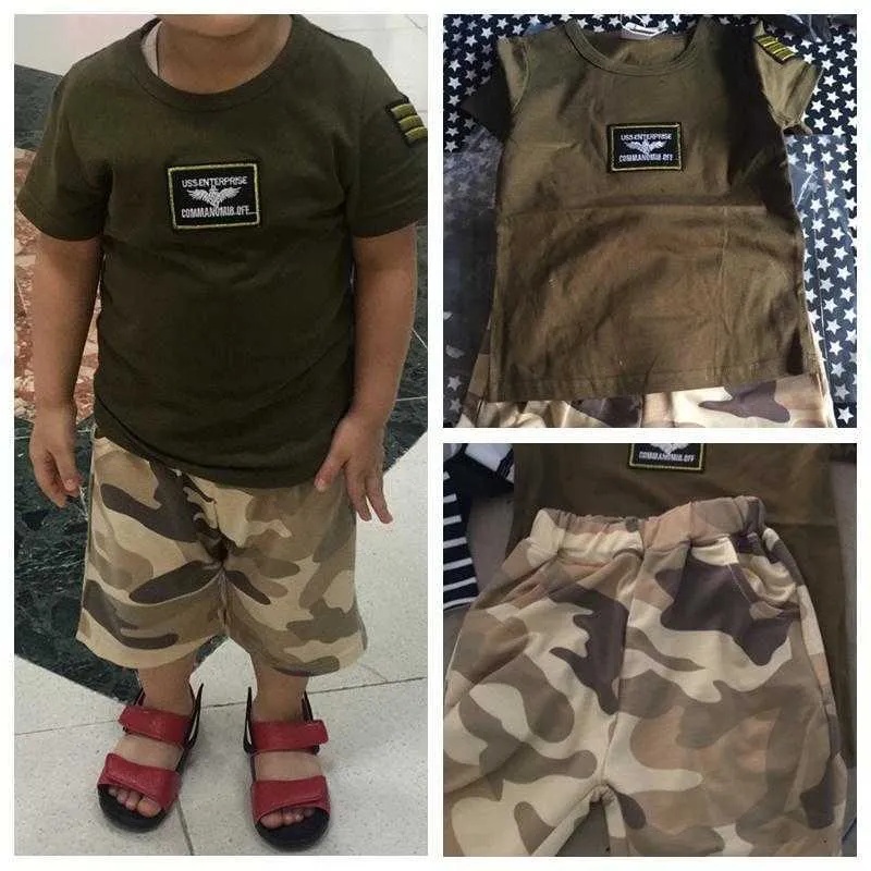  Summer Child Clothing Short-Sleeve Shorts Twinset Baby Boy Army Green Camouflage Set 90 100 110 120 130 140Cm 2T-10 Years