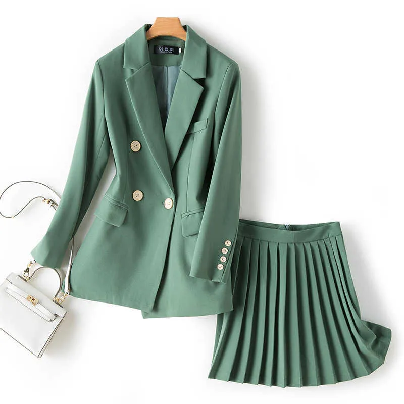 Outono e Inverno de alta qualidade escritório saia feminina terno de dois peças Casual Slim Long Jacket Elegante Plissado 210527