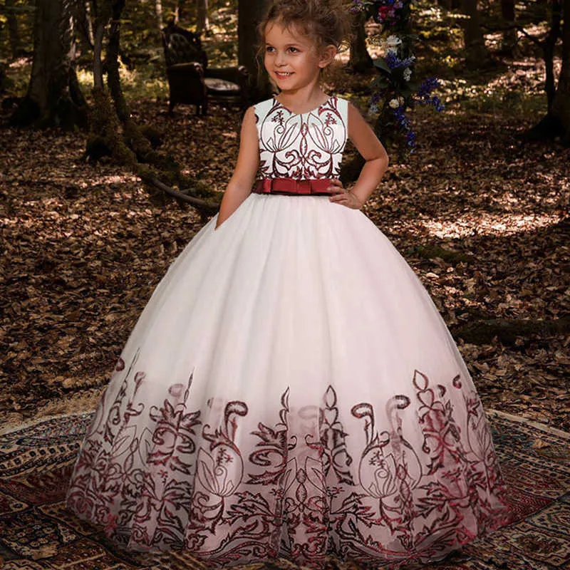 PLBBFZ Summer Girls Dress White Red Kids Christmas Clothes Children Long Princess Party Wedding Clothing 10 12 Years Vestidos