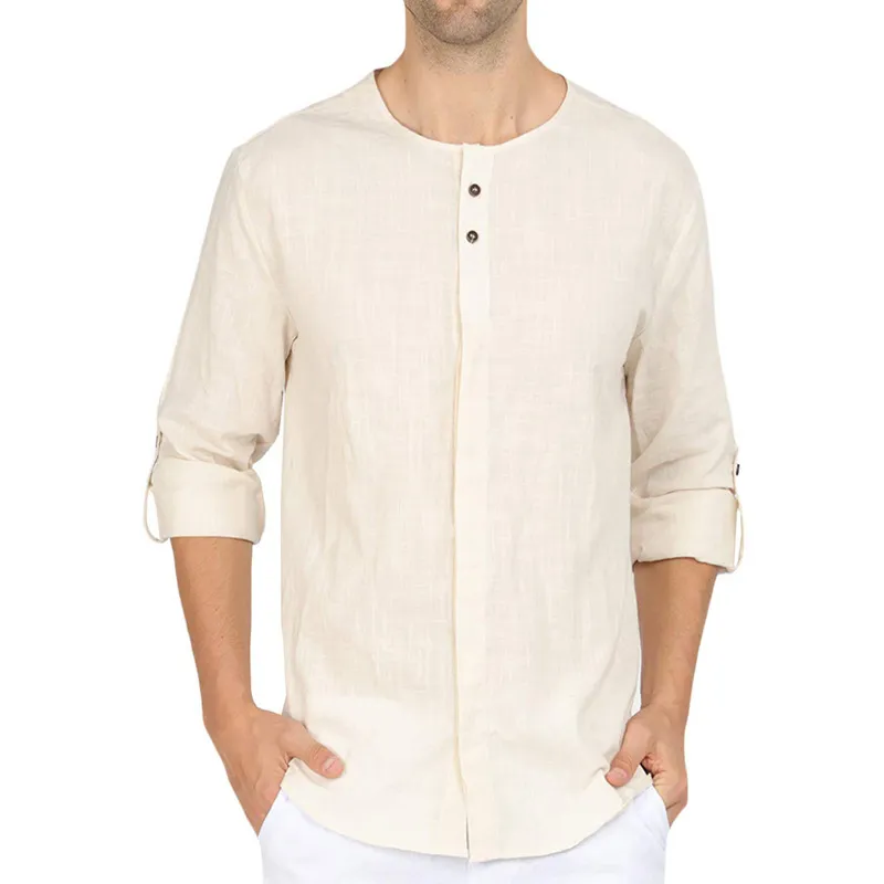 Camicie da uomo in lino Camicie casual da uomo a maniche lunghe senza colletto casual Camicie larghe larghe Camicia oversize comoda colorata 210524