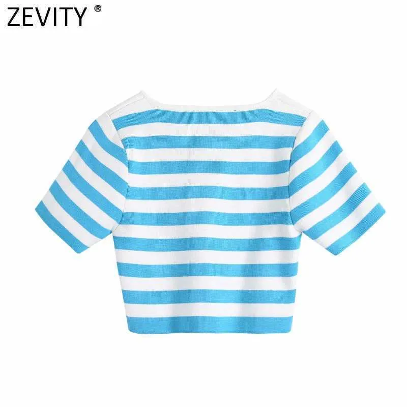 Zevity Women Fashion Striped Print Short Knitted Sweater Female Basic Square Collar Chic Pullovers Crop Slim Tops SW815 210603