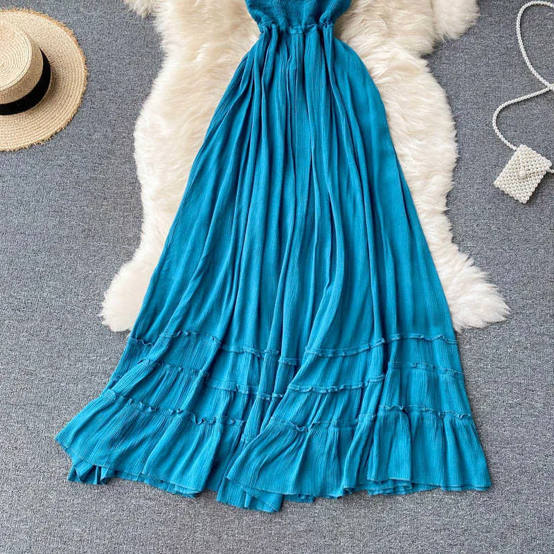 Sexy Blue Spaghetti Strap Long Dress Women Beach Holiday Open Back High Waist Strapless Vestidos Elegant A-Line Robe Summer 2021 Y0603