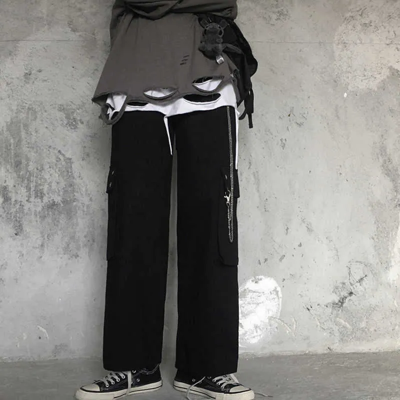Hippie Streetwear Calças de carga preta com cadeia gótico harajuku hip hop vintage enorme perna grande calça feminina q0801
