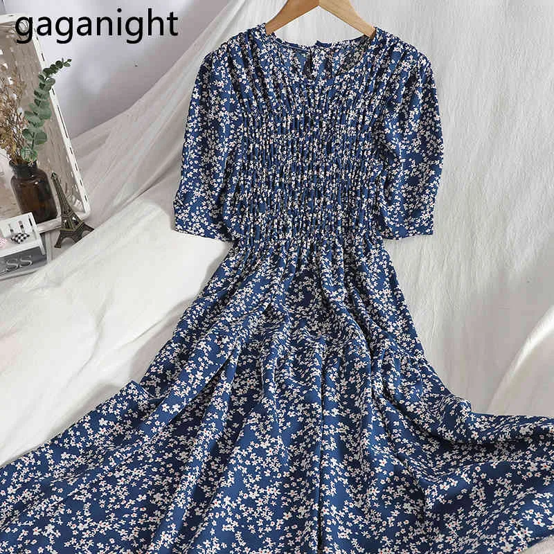 Gaganight Estate Donna Vintage Abito floreale Maniche corte Abiti lunghi vintage Donna Chic Coreano Casual Abiti larghi Una linea 210519