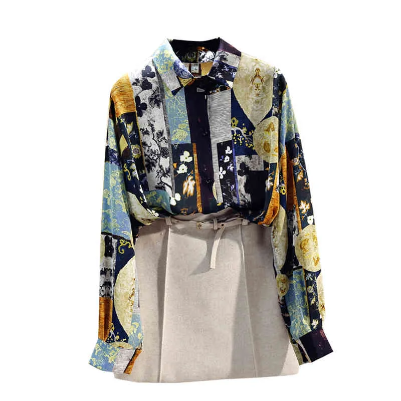 Весна осенние женские блузки корейский стиль ретро абстрактный цветочный летучая мышь рукав блузка топ свободные длинные шифоновые вершины GX527 210507