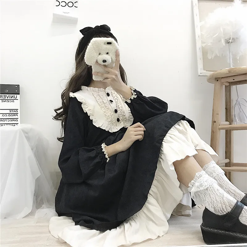 日本スタイルの秋の女性のドレスoネックハイウエストスリミングコントラストカラーフリルスイートロリータドレスカワイイ服220215