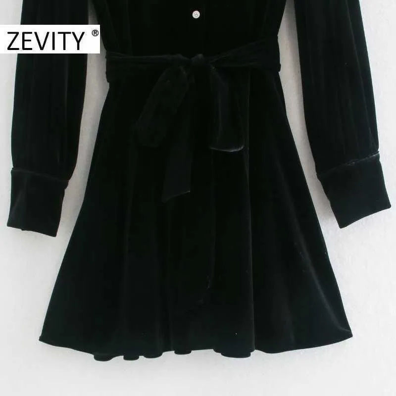 Zevity Autumn Women Vintage Stand Collar Black Velvet Shirt Dress Ladies Chic Long Sleeve Bow Tied Sashes A line Vestido DS4568 210603