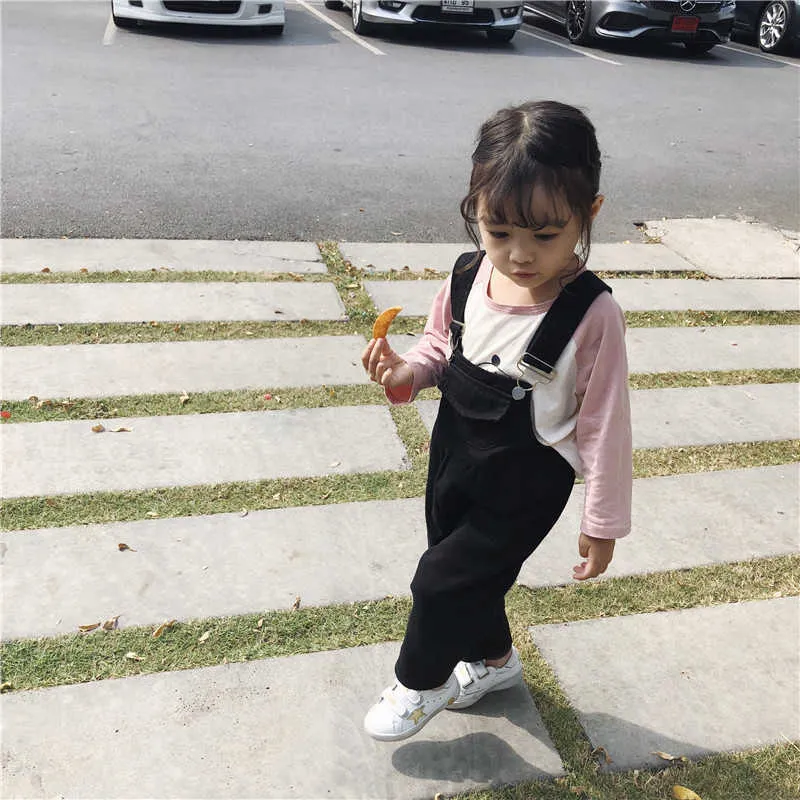 Printemps automne pur coton couleur unie salopette pour filles mignonnes style coréen enfants pantalons à bretelles de mode décontractée 210708