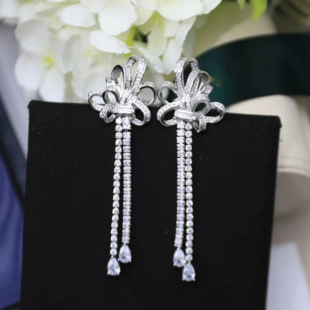 Gorgeous Luxury Brand Jewelry Bow Tassel Earrings Sterling Silver Allergy AAA Zircon Style Lady Eegance 2021 The