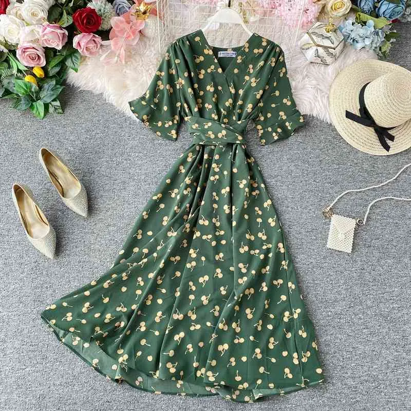 Coração Impressão Dress Mulheres Elegante Coreano Maxi Vestidos Senhora Uma Linha Vintage Vintage V Pescoço Cintura Alta Bandage Vestidos Party Robe 210519