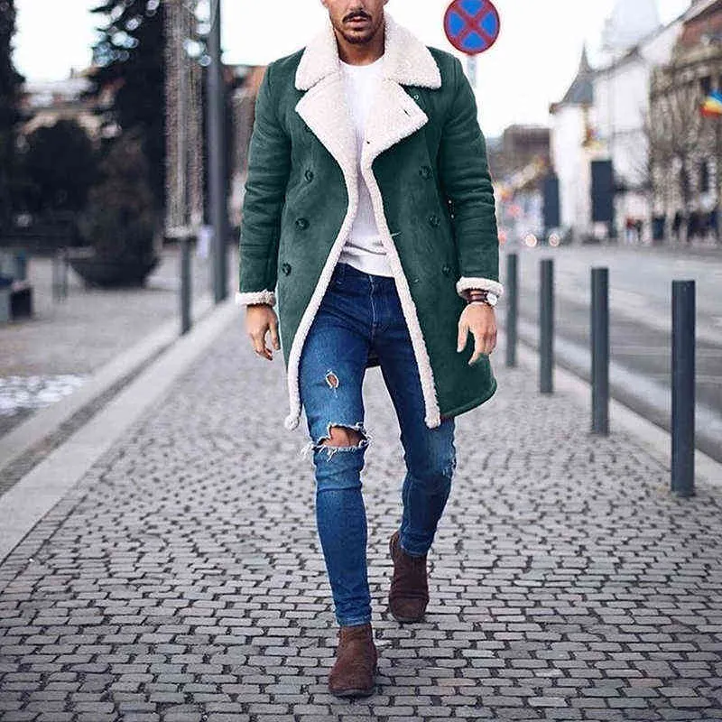 Herbst Mode Feste Verbund Wildleder Mäntel Männer Winter Schlanke Warme Einreiher Jacke Casual Turn-down Streetwear 211214