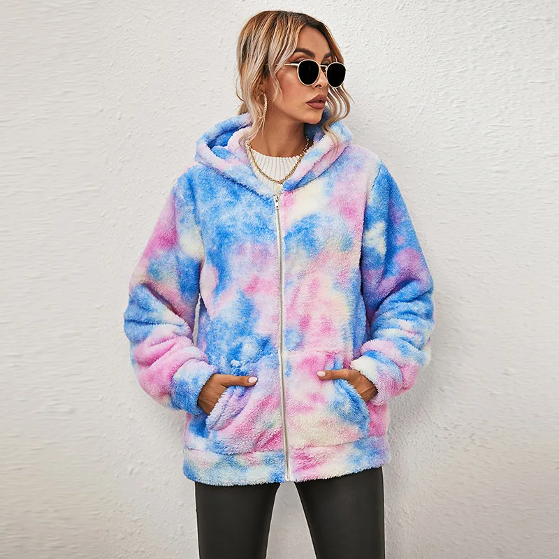 Herbst-Fleece-Knopf-Manteljacke Damen Winter Tie-Dye-bedruckter langärmeliger Kapuzenreißverschluss plus samtdicke Freizeitjacke Damen 210514