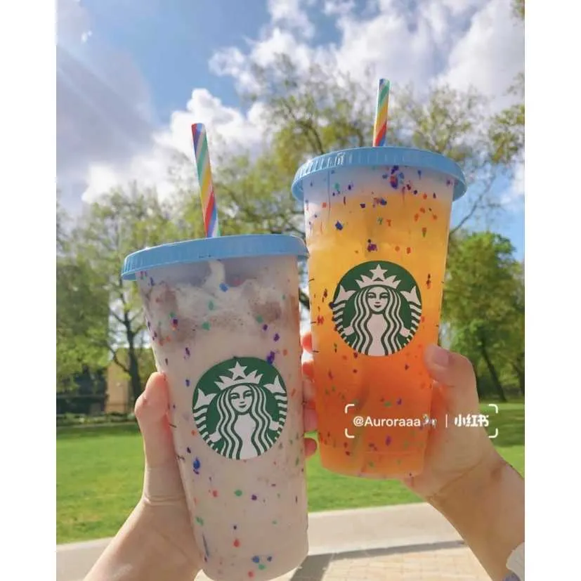 Nuovo bicchiere di plastica riutilizzabile lucido in polvere lucido con coperchio e paglia Starbucks tazza, fl oz, o di colore che cambia colore Regali di tazza