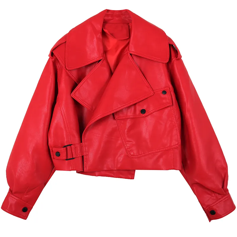 Printemps femmes Faux cuir veste Pu moto motard rouge manteau vestes col rabattu lâche Streetwear noir survêtement 210430