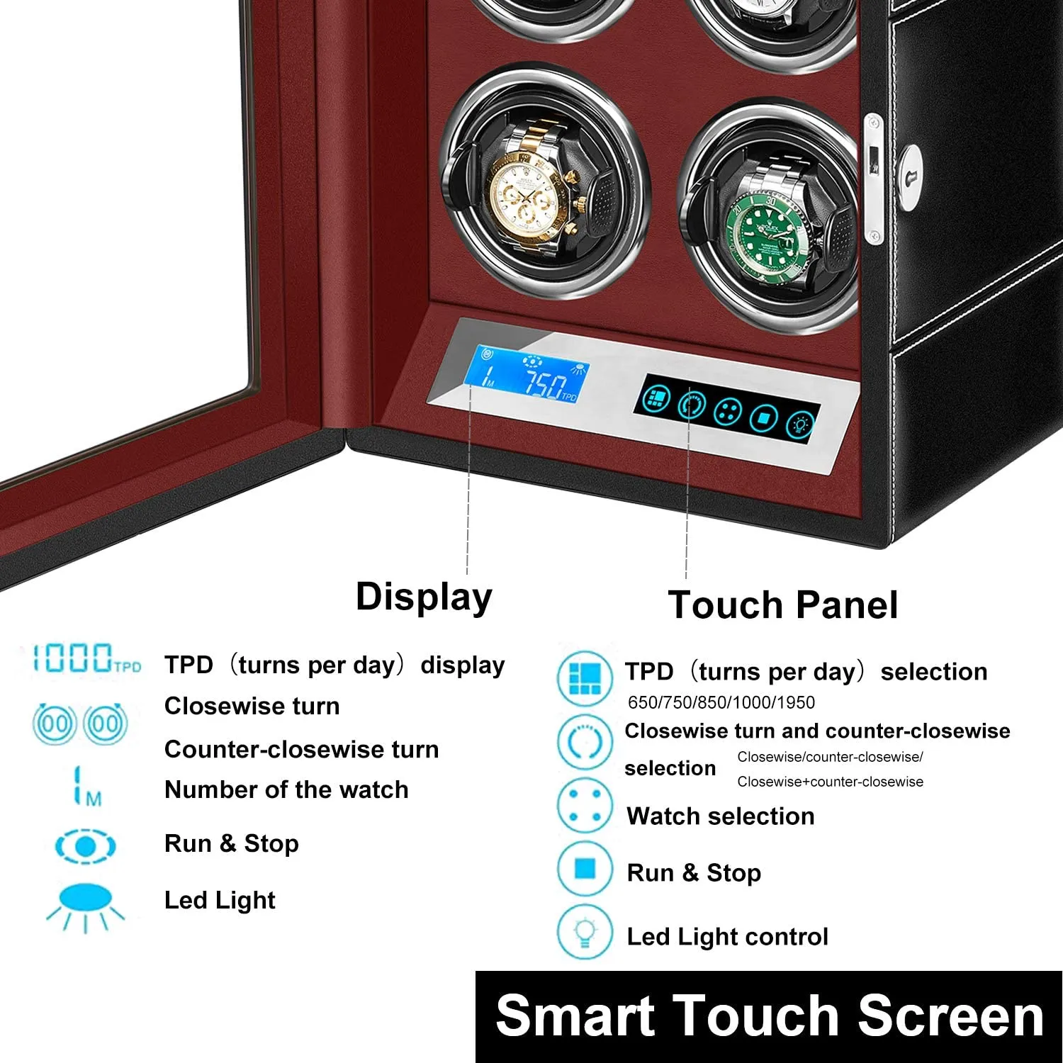 Automatische Watch Winder Leren horlogebox met Mabuchi motor touchscreen en afstandsbediening Watchwinder box266s