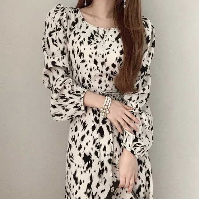 Leopard Printed Korean Women Long Dress Full Sleeve O-neck Belted Dresses Elegant Party Fashion Ladies Vestidos Femme 210513