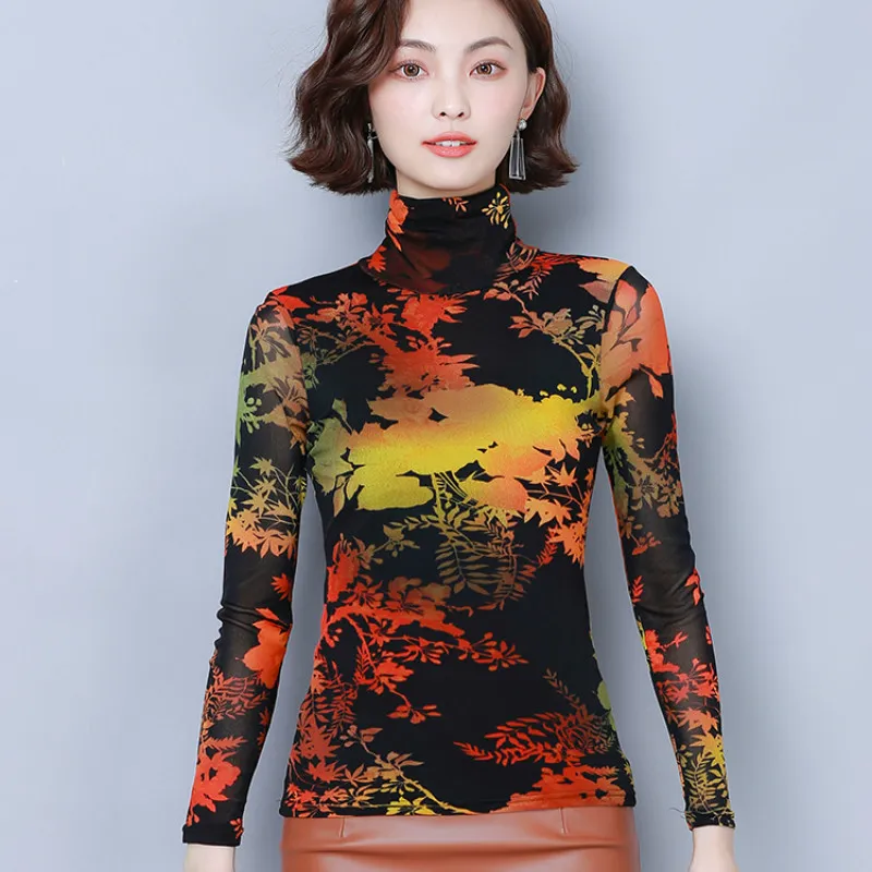 Kvinnor Blusar Långärmad Turtleneck Fashion Print Lace Blouse Shirts Koreanska Elasticity Slim Ladies Toppar 7532 50 210427