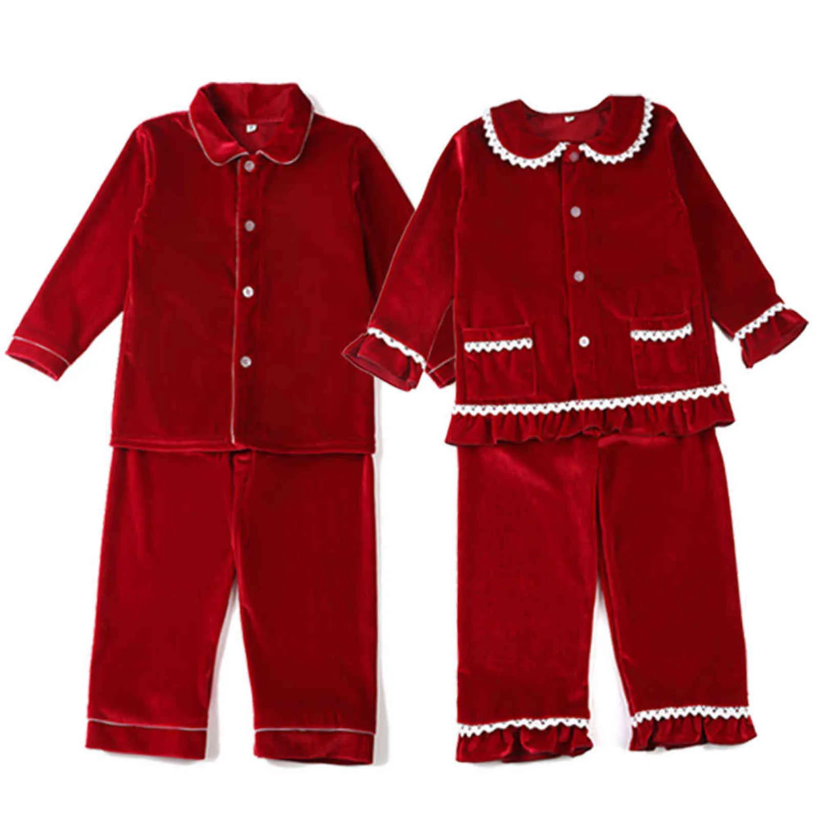 Kış butik kadife kumaş kırmızı çocuk kıyafetleri pjs dantel yürümeye başlayan çocuklar ile set pijama kız bebek pijama 2111022842502