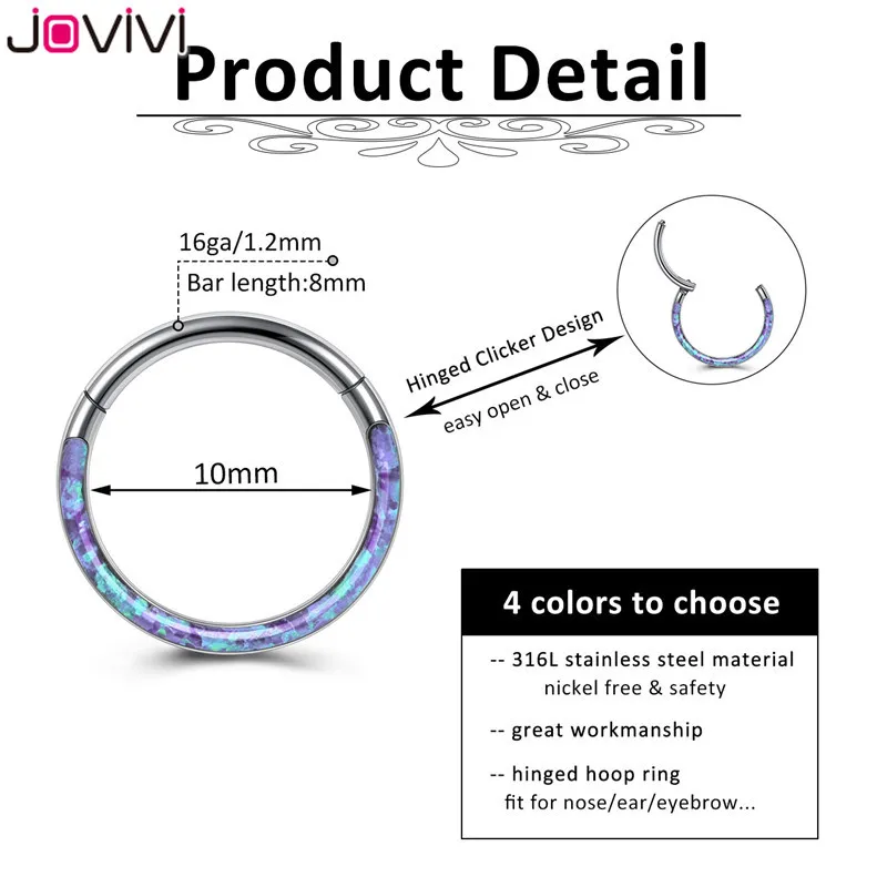 Jovivi Edelstahl 16G Twist Scharnier Clicker Nasen-Septum-Ring synthetischer Opal Hoop Augenbrauen Lippe Ohrringe Körperpiercing-Schmuck