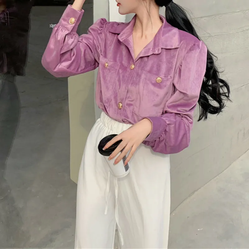 Ezgaga Elegant tröjor Kvinnor Vintage Långärmad Sväng Krage Mode Lös Solid Knapp Purple Blus Office Lady Blusas 210430