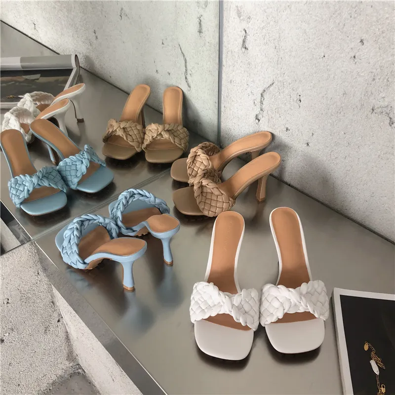 Mode femmes sandales pantoufles sans lacet bout ouvert mince talons hauts blanc/beige/bleu fête décontracté diapositives pantoufles mules chaussures femme 210513