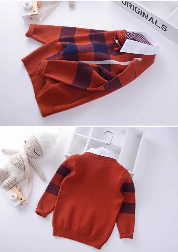 셔츠 칼라 소년 스웨터 아기 스트라이프 격자 무늬 풀오버 니트 아이 옷 가을 겨울 어린이 스웨터 소년 의류 210902