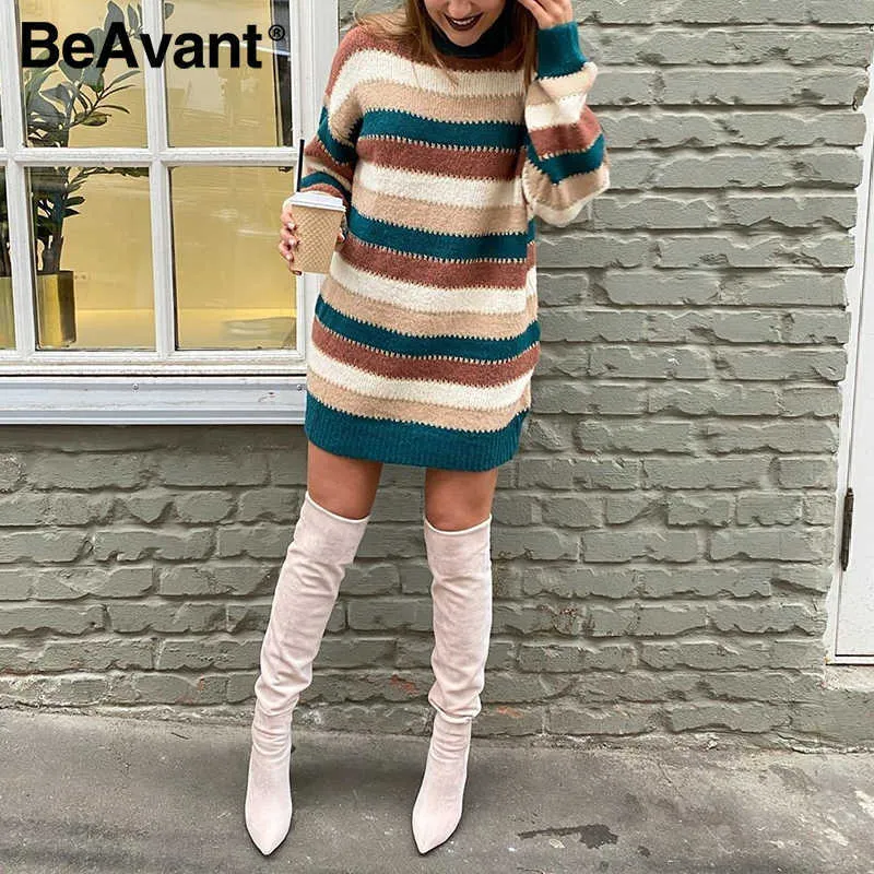 BeAvant Gestrickter Pullover mit farbigen Streifen, lockerer, langärmeliger Damen-warmer Pullover, eleganter Patchwork-Pullover mit fallenden Schultern 210709