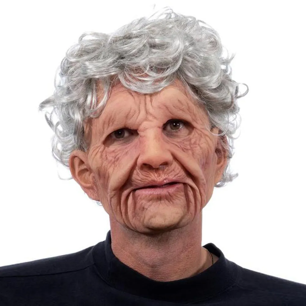 Grandpa Grandma Mask Latex Made Old Man Woman Wrinkled Full Face Masks Light Gray Hair Halloween Party Costume COS Props