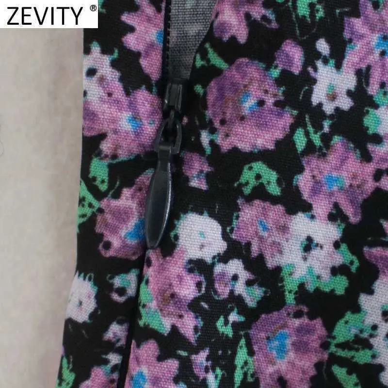 Zevity Kobiety Sexy Elastyczne V Neck Bow Mite Floral Print Casual Mini Dress Femme Długi Rękaw Hem Ruffles Vestido Tkaniny DS4697 210603