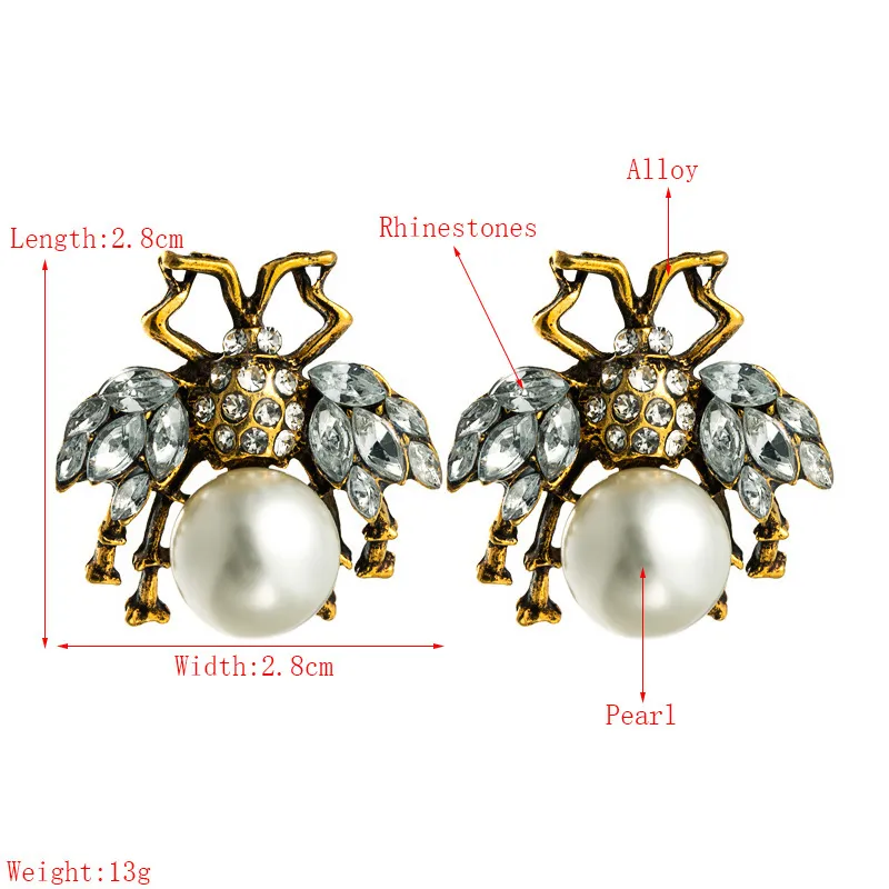 Bee Big Pearl Stud Earrings with Diamond Inlaid Alloy Fashion Personality Jewelry Adorning Cute Romantic Girl Gift