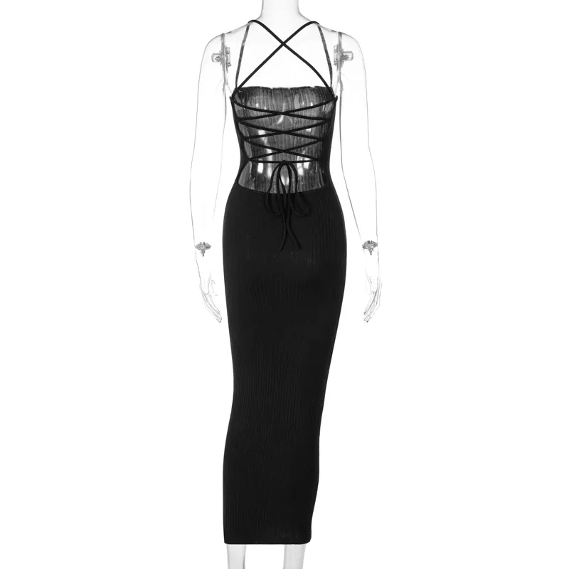 Sexy backless lange jurk voor vrouwen Y2K zwart geribbelde spaghetti riem bandage skinny maxi jurken gothic 90s party robe outfits 210517