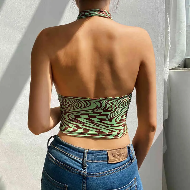 Paisley tryckta y2k halter gröda toppar för tjejer ihåliga ut sexiga kvinnor sommar backless randig fest tröja tee tank beachwear 210510