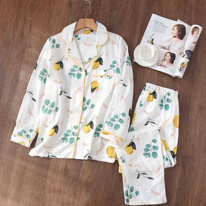 Женские сонные одежды 100% хлопок марлевые мягкие пижамы наборы кнопки вниз с длинным рукавом PJ цветочные набор осень женская пижама 210809