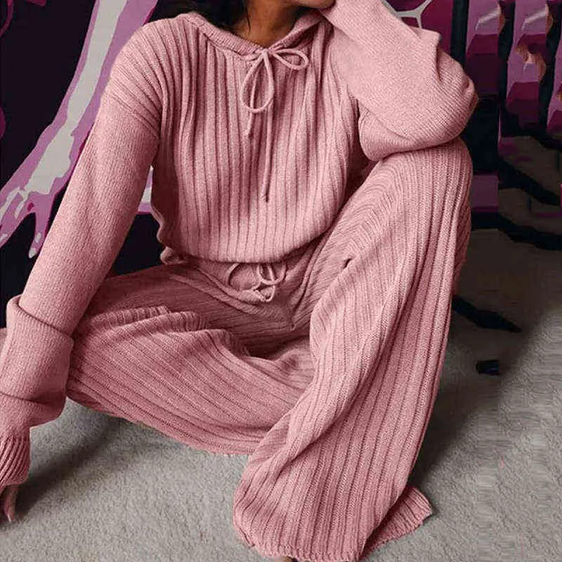 Automne hiver tricoté pyjama Set Femmes pantalons à capuche Home costume pour vêtements de nuit à manches longues Loge Lounge Port Mesdames 211106