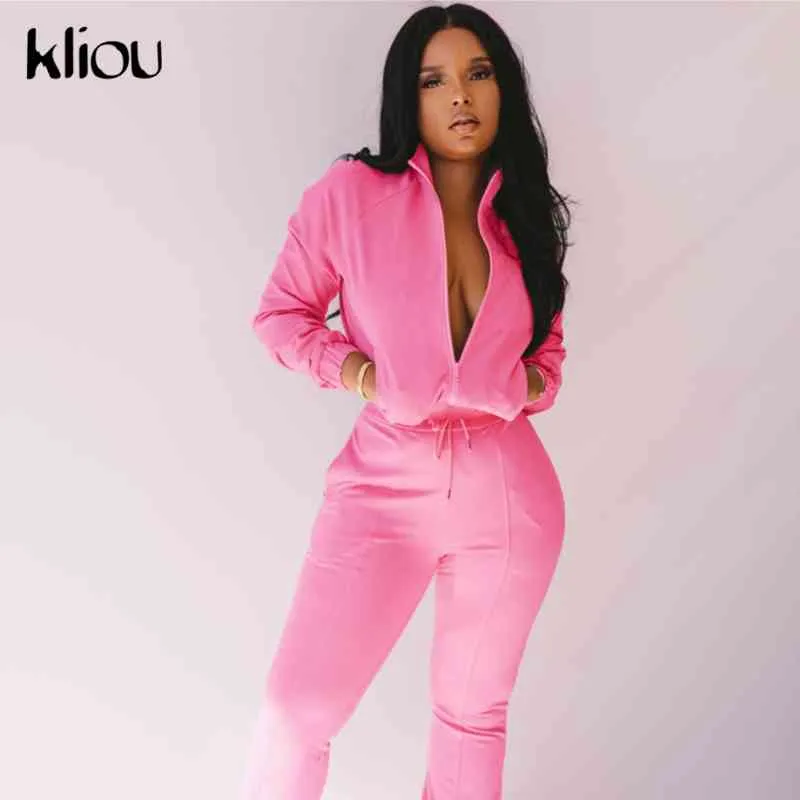 Kliou Solid Casual Two Piece Set Kvinnor Zipper Långärmad Top och Bandage Flare Byxor Matchande Set Spring Active Workout Outfits x0428