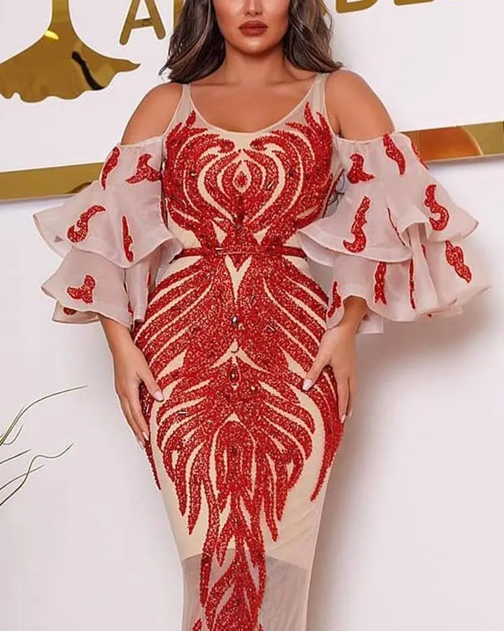 Empfehlen Sie den Stil Rote Pailletten Patchwork Elegantes Damenkleid Kostenlose Party- und Hochzeitskleider Midi Damen 210525