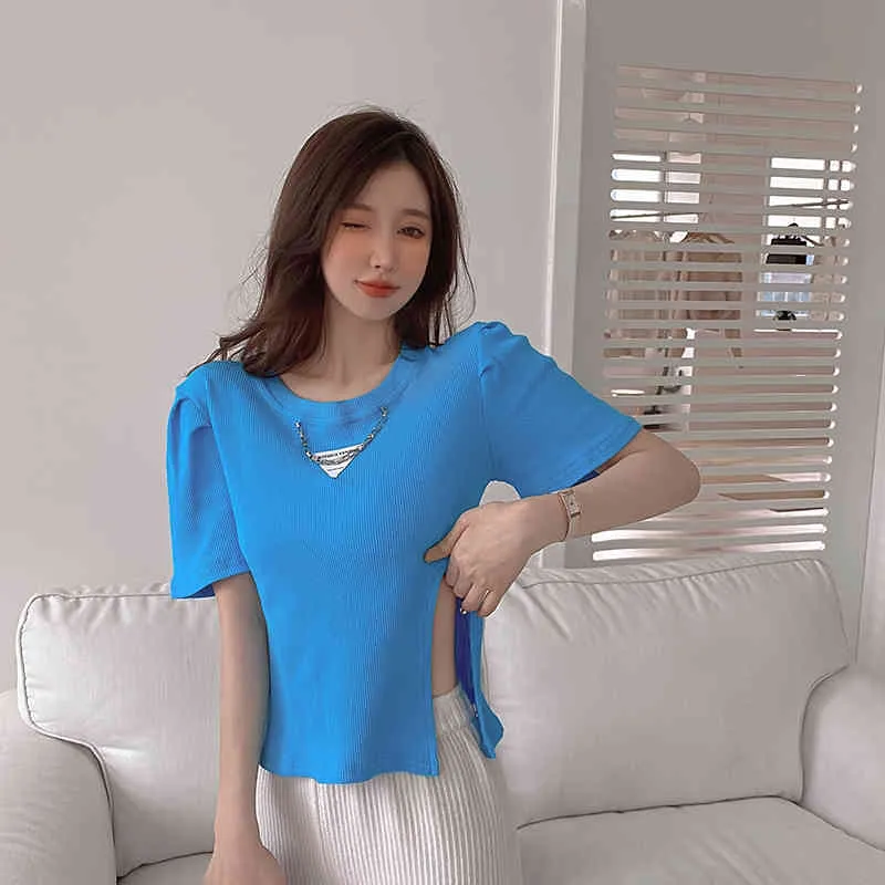 LLZACOOSH Summer Korean Chic Blue Black Design Metal Chain O Neck Puff Sleeve T shirt Sexy split Women'top 210514