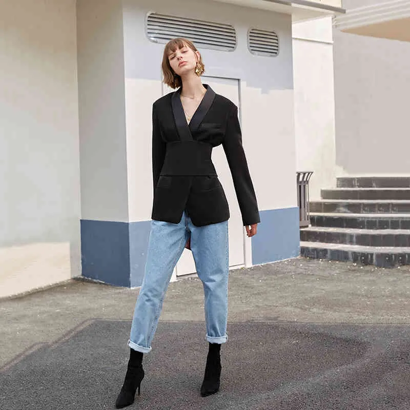 [eam] 느슨한 맞는 검은 슬림 기질 정장 재킷 옷깃 긴 소매 여성 코트 패션 봄 가을 1B154 210512