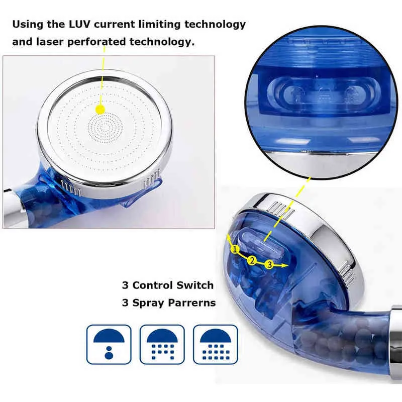 Zloog Badkamer Douchekoppen 3 Modi Verstelbare Jetting Saving Water Hogedruk Minerale Anion Filter Douchekop Spa Nozzle H1209