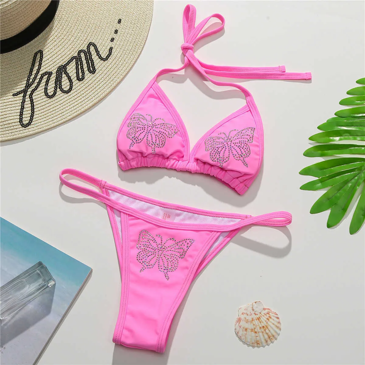 나비 레이스 업 Halterneck 비키니 섹시한 수영복 두 조각 여름 여성 브라질 핑크 낮은 컷 끈 210604