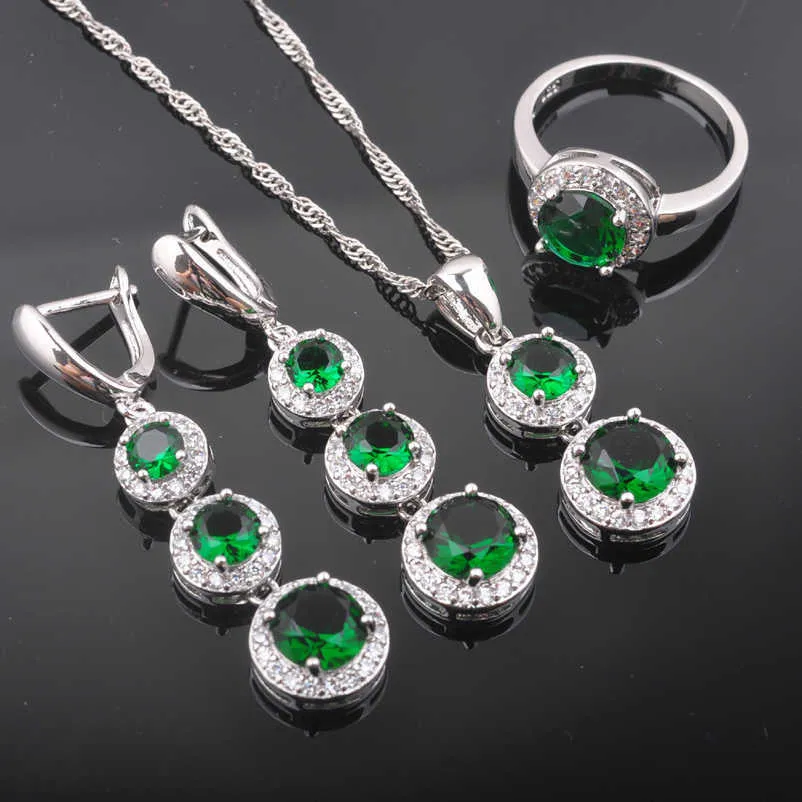 Женские свадебные украшения наборы серебряного цвета Зеленое циркониевое кольцо Bridal Ожерелье и серьги набор QZ0493 H1022