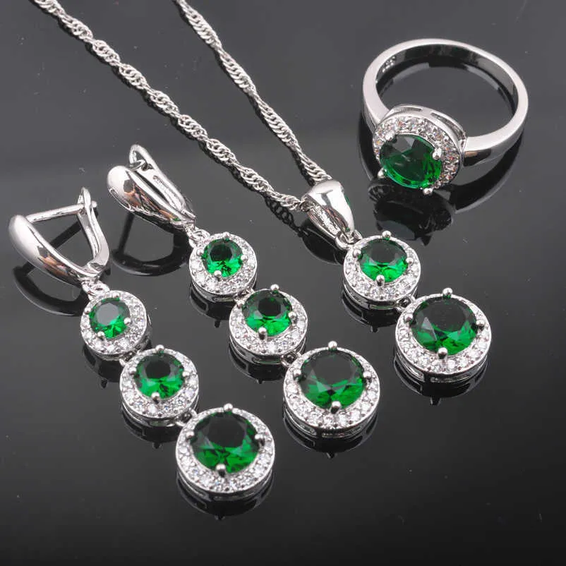 Ensembles de bijoux de mariage pour femmes, couleur argent, bague en zircone verte, collier et boucles d'oreilles de mariée, QZ0493 H1022