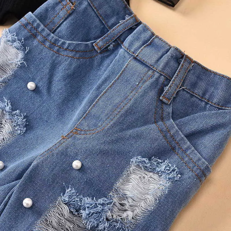 Wholesale Summer Girl 2-pcs Sets Black Puff Short Sleeve Shirts + Hole Tassel Pearl Jeans Kids Outfits E1789 210610