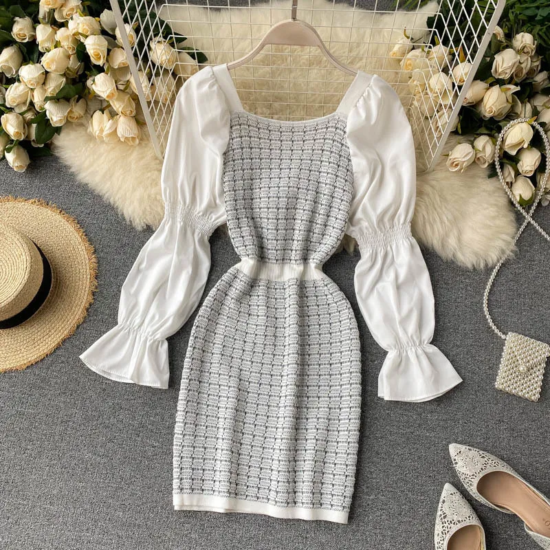 Women French-Style Retro Dress Square Collar Puff Sleeve Patchwork Plaid Slim-Fit Sexy Tube Vestidos Young A- Line GK460 210507