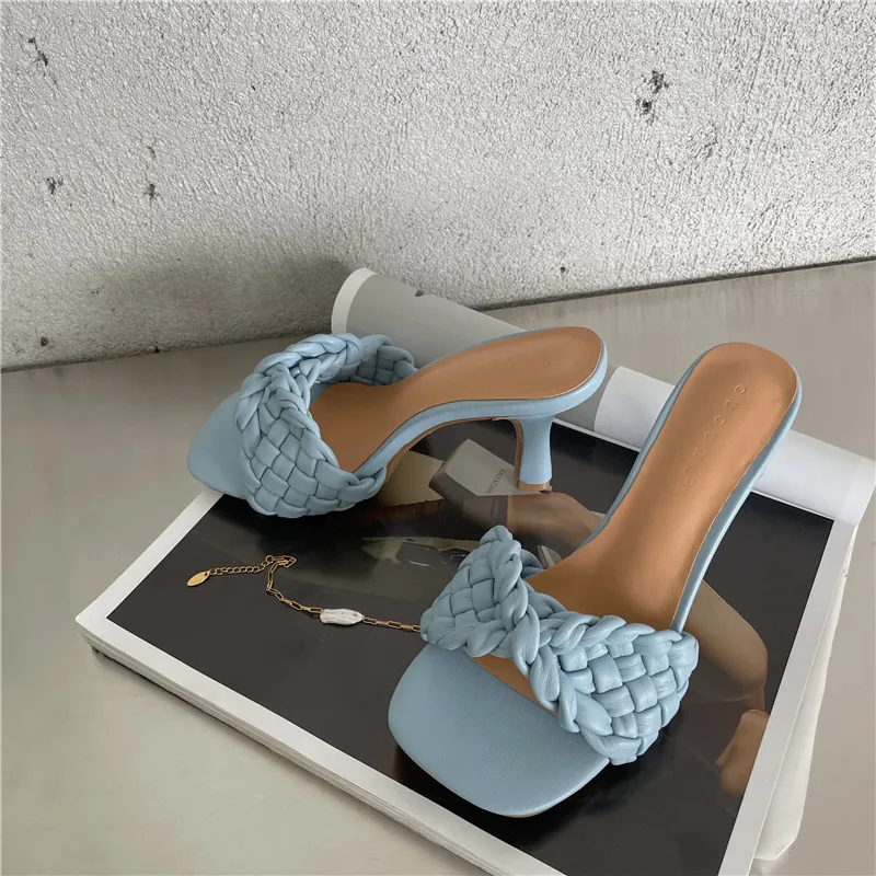 Mode femmes sandales pantoufles sans lacet bout ouvert mince talons hauts blanc/beige/bleu fête décontracté diapositives pantoufles mules chaussures femme 210513