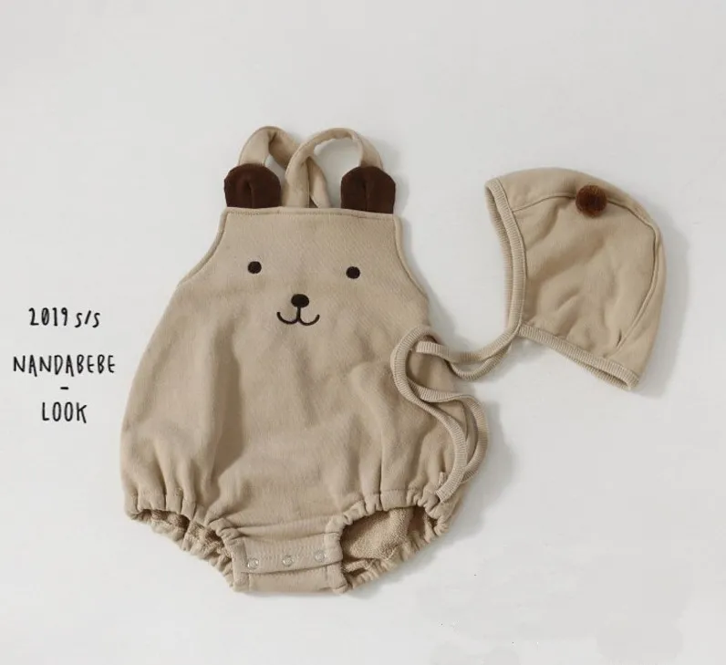 Koreaanse stijl schattige beer borduurwerk bretels bodysuits met hoed voor baby kinderen katoen overalls jumpsuits 210508